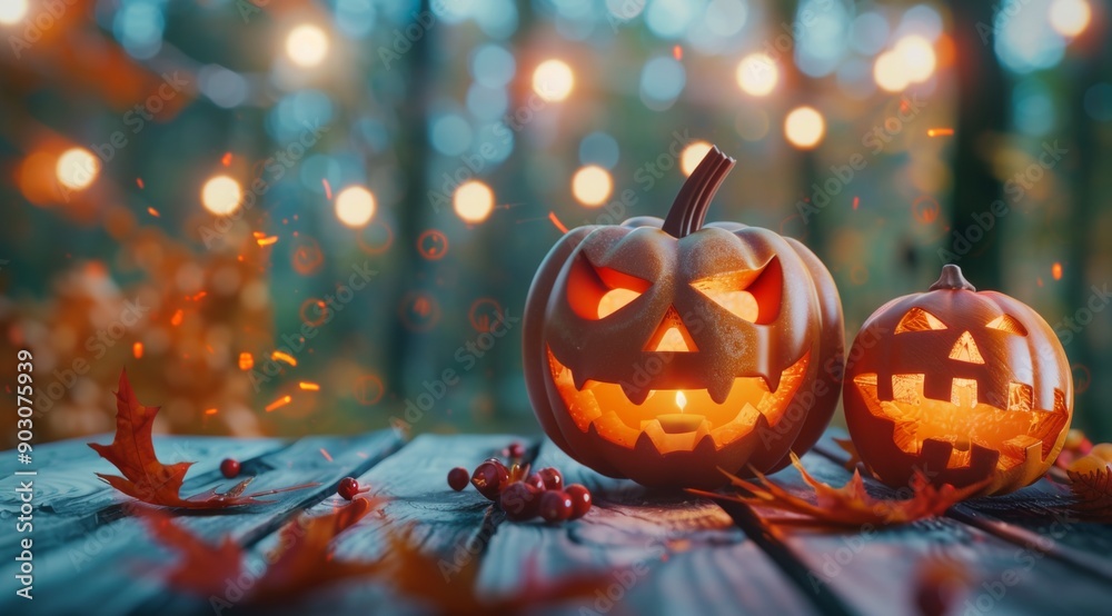 Two carved pumpkins glow warmly on a rustic wooden table, surrounded by vibrant autumn leaves. The background captures the essence of a magical fall evening with golden hues and a dreamy bokeh effect