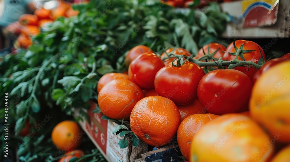 Vibrant tomatoes and leafy greens at a farmer's market. Fresh produce and healthy eating concept. Vibrant tomatoes and leafy greens at a farmer's market. Fresh produce and healthy eating concept.