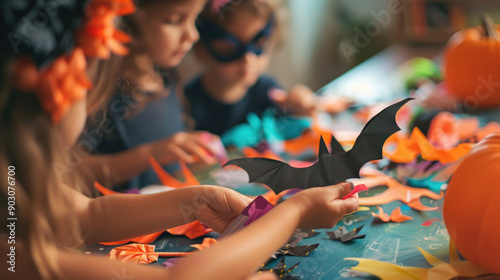 Children Crafting Halloween Decorations with Paper Bats and Pumpkins in a Festive Setting
