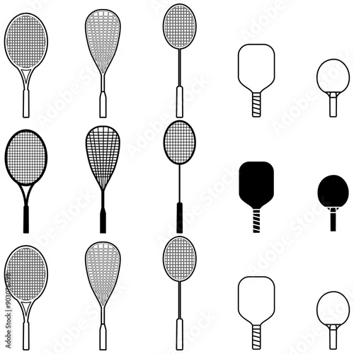 Tennis, Squash, Badminton, Pickleball, and Table tennis rackets or bats, Sports rackets in black and transparent, black outline, and black silhouette on a white or transparent background