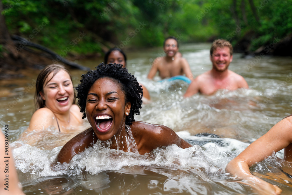 Diverse group of friends laughing and splashing in a river, enjoying summer outdoor adventure, multicultural young adults bonding in nature Diverse group of friends laughing and splashing in a river, enjoying summer outdoor adventure, multicultural young adults bonding in nature