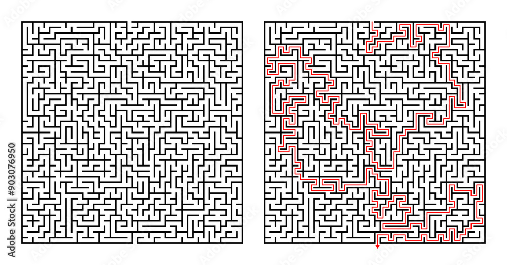 Komplexes Quadrat Rätsel Labyrinth mit Lösung Stock Illustration ...