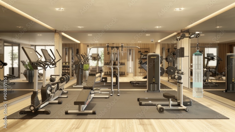 A modern home gym with a variety of exercise equipment A modern home gym with a variety of exercise equipment