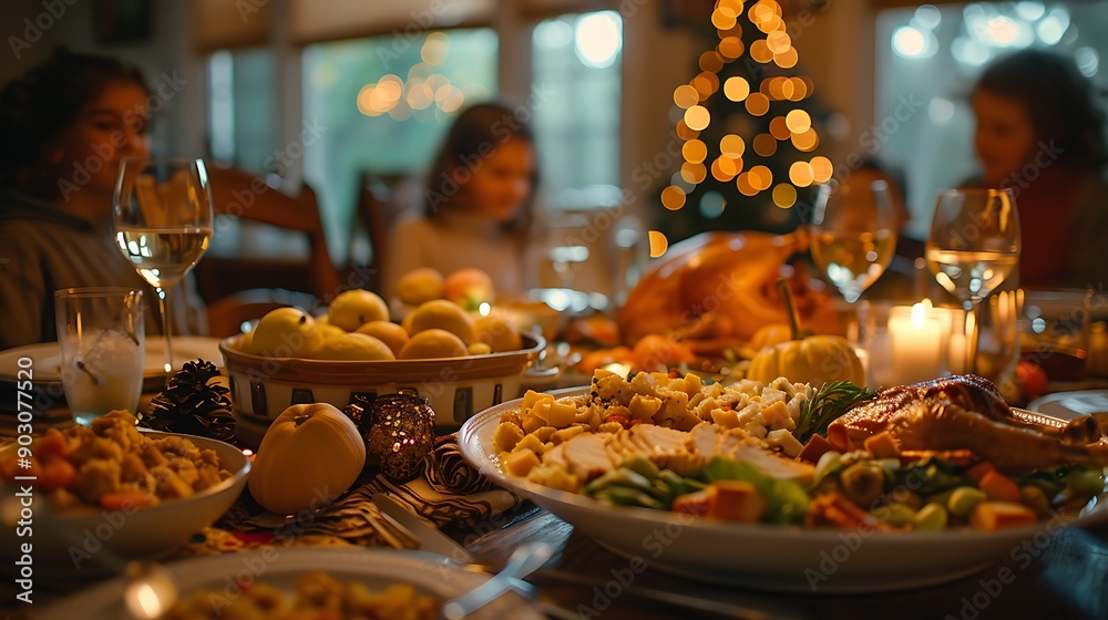 An intimate family Thanksgiving dinner, wine glasses clinking in celebration, a cozy dining room with autumn decorations, a table set with a variety of festive foods, children laughing nearby, An intimate family Thanksgiving dinner, wine glasses clinking in celebration, a cozy dining room with autumn decorations, a table set with a variety of festive foods, children laughing nearby,