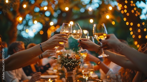 An intimate garden wedding reception, everyone raising their wine glasses in a toast, a beautifully decorated table with floral centerpieces, fairy lights twinkling in the trees, photo