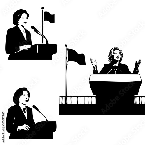 Silhouettes of female politicians behind the podium near the flag. Vector set of monochrome sketches of people speaking