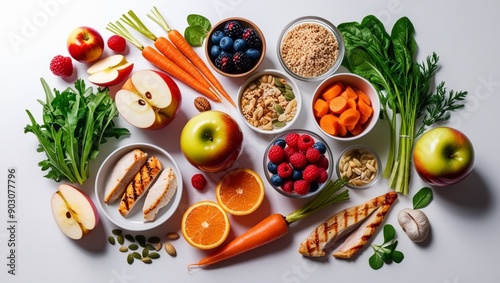 A variety of healthy foods displayed on a white background highlighting vibrant fruits vegetables nuts and grains. Perfect for promoting nutritious and balanced eating.