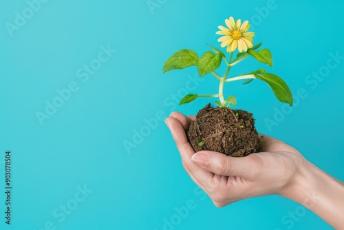 Flower Bomb. Woman Holding Sprouting Seed Balls for Guerilla Gardening on Blue Background
