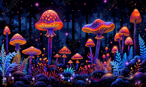 closeup on purple neon mushrooms, fantasy land, colorful fantastic flora abstract wallpaper	