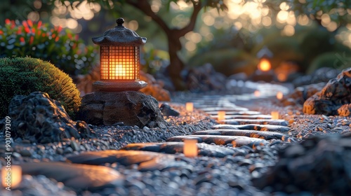 A peaceful Zen rock garden at dusk, with carefully arranged stones, raked gravel patterns, and soft lantern light.