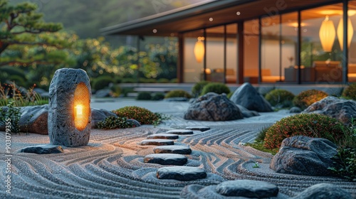 A peaceful Zen rock garden at dusk, with carefully arranged stones, raked gravel patterns, and soft lantern light.