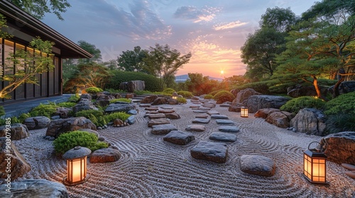 A peaceful Zen rock garden at dusk, with carefully arranged stones, raked gravel patterns, and soft lantern light.