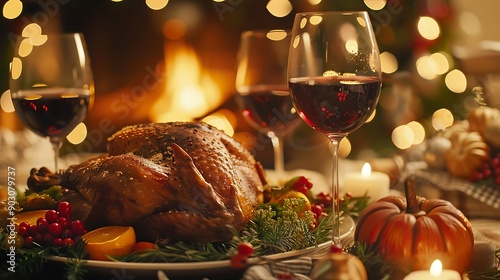 A cozy family Thanksgiving dinner with everyone raising wine glasses in a toast, a beautifully set table with a roasted turkey and festive decorations, warm ambient lighting from candles, photo