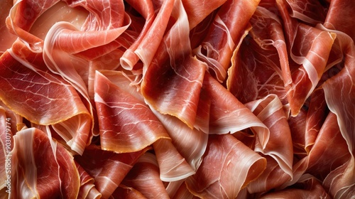 Prosciutto slices background. AI generated. photo