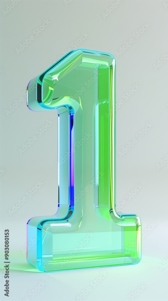 Number 1, light green and blue, neon color, semi transparent 3D rendered one lettering on white background Number 1, light green and blue, neon color, semi transparent 3D rendered one lettering on white background