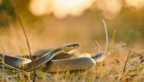 Closeup side view of aesculapian snake in wild nature on blurred background on summer day photo