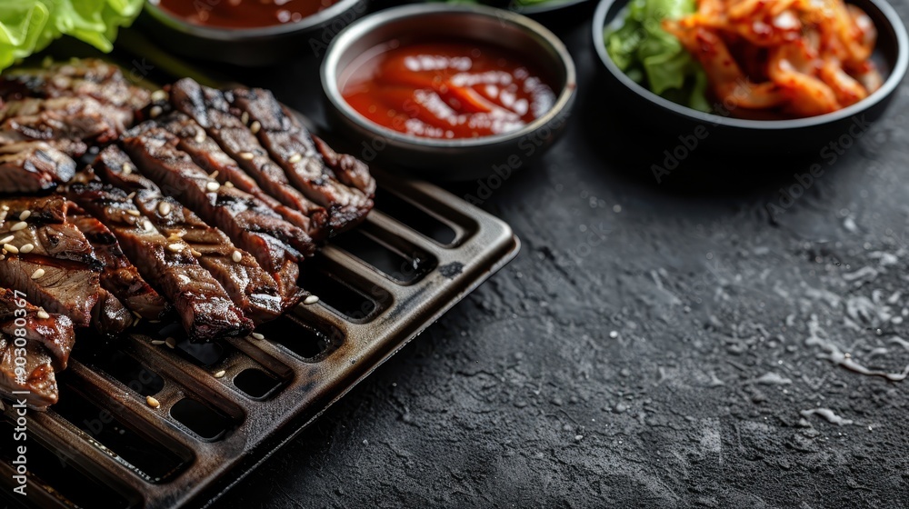 The image features freshly grilled Korean BBQ beef, arranged with a variety of side dishes such as kimchi, lettuce, and dipping sauces, all set on a hot grill ready to savor. The image features freshly grilled Korean BBQ beef, arranged with a variety of side dishes such as kimchi, lettuce, and dipping sauces, all set on a hot grill ready to savor.