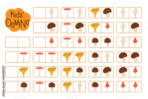 Domino for kids, learning autumn vocabulary fun educational activity for logic thinking development, bright mushrooms illustration printable worksheet for group board game, teacher resources