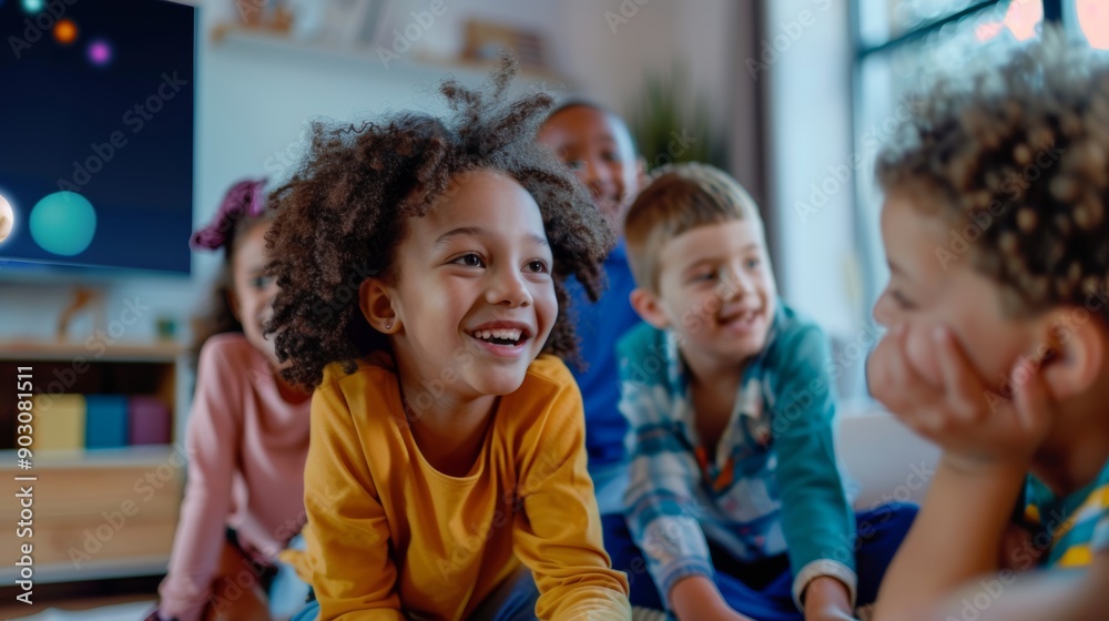 Fototapeta premium Engaged Children Smiling During Interactive Distance Learning Video Call
