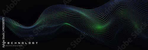 Abstract dot wave line with moving particles on dark background . Digital cyberspace, Big data analytics, 3d rendering, machine learning, and predictive analytics.