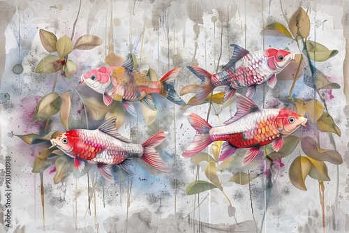 Watercolor fish on grey concrete grunge wall. Great choise for wallpaper, photo wallpaper, mural, card, postcard. Design for modern and loft, Generative AI photo