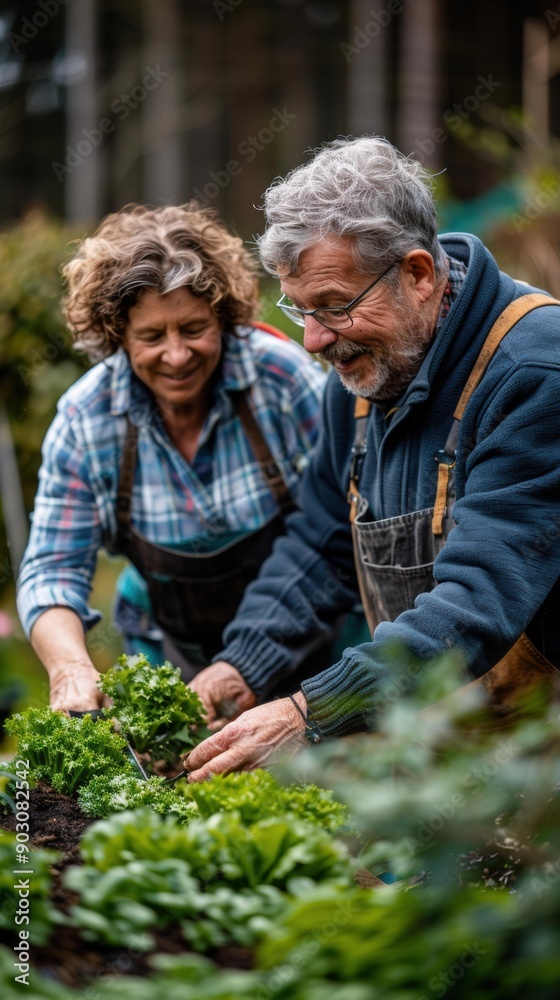 Fototapeta premium An older couple works together in their garden. AI.
