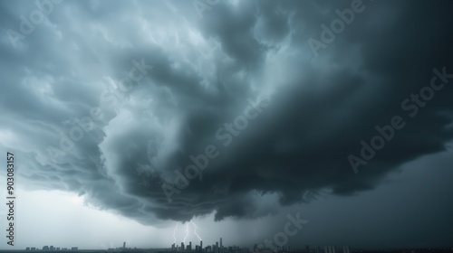 Creating an imposing atmosphere, heavy storm clouds loom over a city skyline with lightning strikes vividly illuminating the scene against the darkened skies.