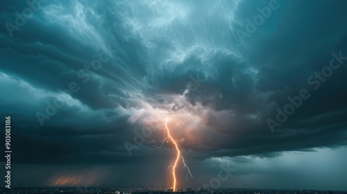 Dramatic lightning bolt striking an urban landscape, highlighting the intensity and raw power of nature amidst the city backdrop with turbulent storm clouds.