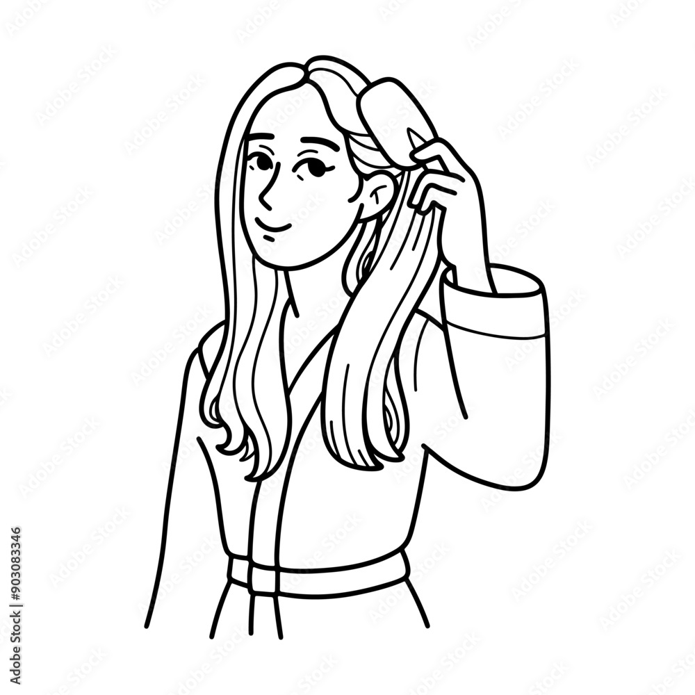 Hair care routine of women doodle illustration. Girl with long brown hair with comb in her hands. Personal care, Home clothes, morning procedures. Vector line illustration Hair care routine of women doodle illustration. Girl with long brown hair with comb in her hands. Personal care, Home clothes, morning procedures. Vector line illustration