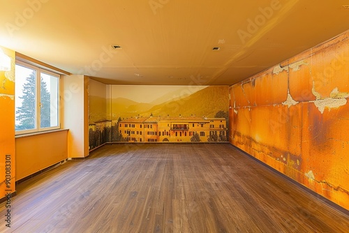 Interior of an empty room in orange tones with a panorama photo wall mural Merano (South Tyrol, Italy), Generative AI