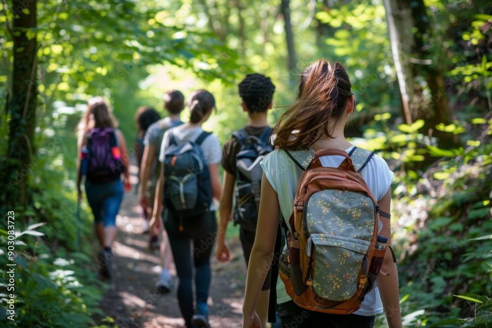Group of Young Hikers Exploring Nature Reserve Trail for Learning and Enjoyment Group of Young Hikers Exploring Nature Reserve Trail for Learning and Enjoyment