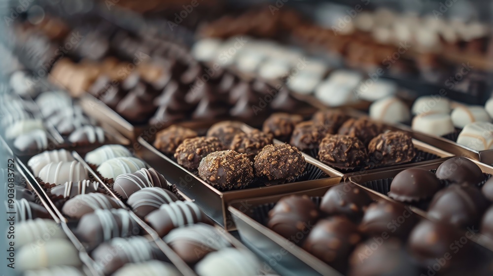 An arrangement of various chocolates in a shop, showcasing different ...