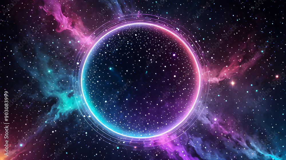 Magic fantasy background. futuristic circle. light effect. Blue, purple, neon lights illuminate the night scene with sparkles against a starry background. Magic fantasy background. futuristic circle. light effect. Blue, purple, neon lights illuminate the night scene with sparkles against a starry background.