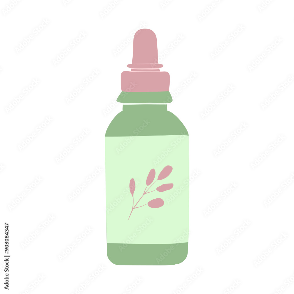 Hand drawn flat vector illustration with cosmetic products. Skin care packaging: serum or oil bottle in pastel green and pink colors. Perfect for shop, home decor, stickers, cards, flyers Hand drawn flat vector illustration with cosmetic products. Skin care packaging: serum or oil bottle in pastel green and pink colors. Perfect for shop, home decor, stickers, cards, flyers