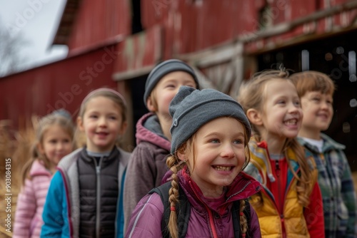 Excited Group of Classmates Exploring a Farm in Front of a Rustic Red Barn on a Field Trip