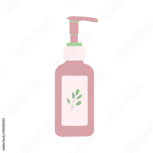 Hand drawn flat vector illustration with cosmetic products. Skin care packaging: dispenser in pastel green and pink colors. Perfect for shop, home decor, stickers, cards, flyers