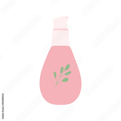 Hand drawn flat vector illustration with cosmetic products. Skin care packaging: serum or oil bottle in pastel green and pink colors. Perfect for shop, home decor, stickers, cards, flyers