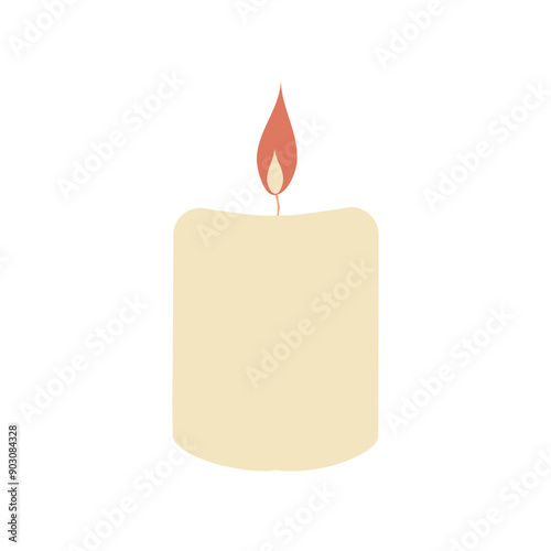 Minimalistic flat vector illustration of a burning candle with a soft beige body and gentle orange flame isolated on a white background