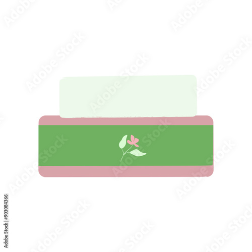 Hand drawn flat vector illustration with cosmetic products. Skin care packaging: cream jar in pastel green and pink colors. Perfect for shop, home decor, stickers, cards, flyers