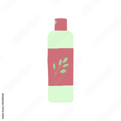 Hand drawn flat vector illustration with cosmetic products. Skin care packaging: bottle in pastel green and pink colors. Perfect for shop, home decor, stickers, cards, flyers