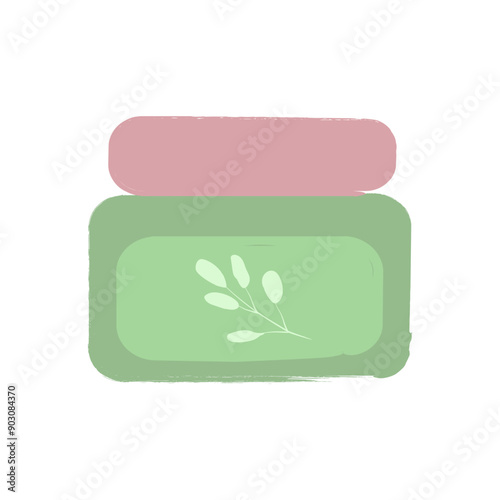 Hand drawn flat vector illustration with cosmetic products. Skin care packaging: cream jar in pastel green and pink colors. Perfect for shop, home decor, stickers, cards, flyers