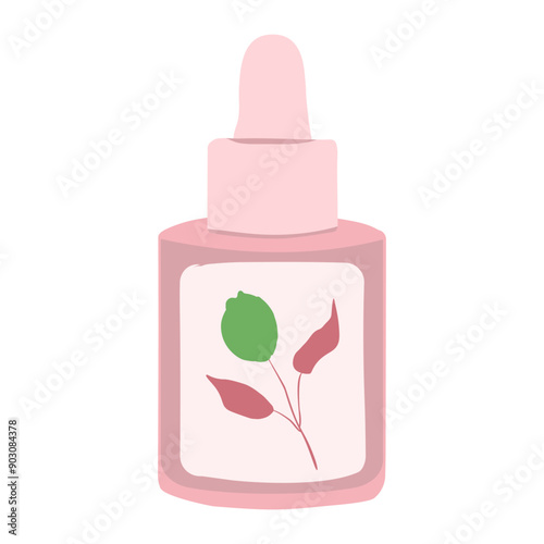 Hand drawn flat vector illustration with cosmetic products. Skin care packaging: serum or oil bottle in pastel green and pink colors. Perfect for shop, home decor, stickers, cards, flyers