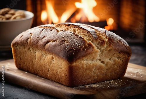 Freshly baked rye bread sits on wooden board, showcasing its golden-brown crispy crust adorned with sesame seeds. Warm loaf, rectangular in shape, exudes inviting aroma that fills cozy kitchen. AI