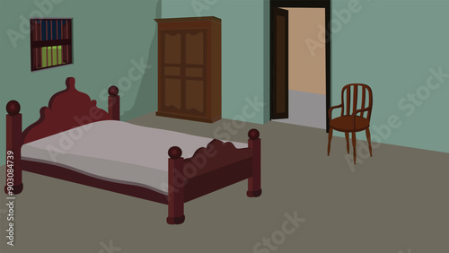 bedroom interior with bed. Indian village farmer house inside design background for cartoon animation