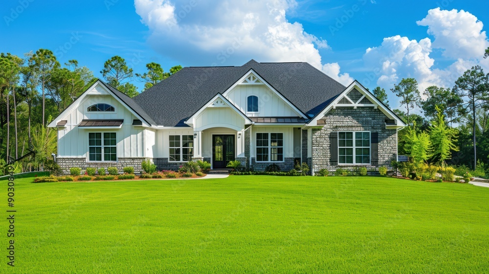 Modern Farmhouse with Lush Green Lawn Modern Farmhouse with Lush Green Lawn