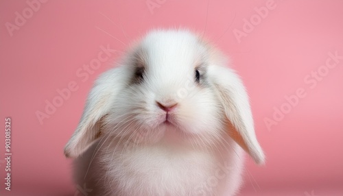 Front view of white cute baby holland lop rabbit standing on pink background. Lovely action