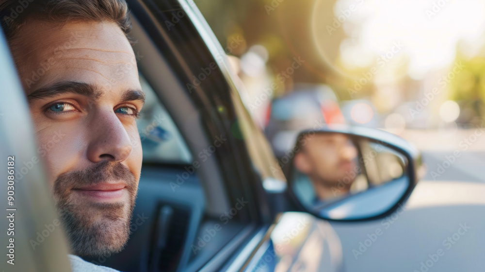 Obraz premium Man examining car mirrors before driving on a sunny afternoon in urban environment