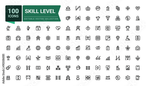 Skill level icon set. Related to expert, success. Minimal outline icons pack. Editable vector line icon set and illustration for web and UI application.