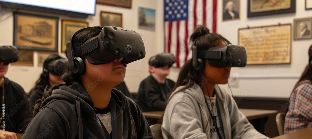 Students Using VR Goggles in History Class for Virtual Simulation of Declaration of Independence Signing Students Using VR Goggles in History Class for Virtual Simulation of Declaration of Independence Signing