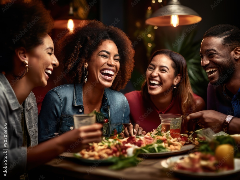 banking and commerce, Group enjoying pizza and drinks, laughing together banking and commerce, Group enjoying pizza and drinks, laughing together